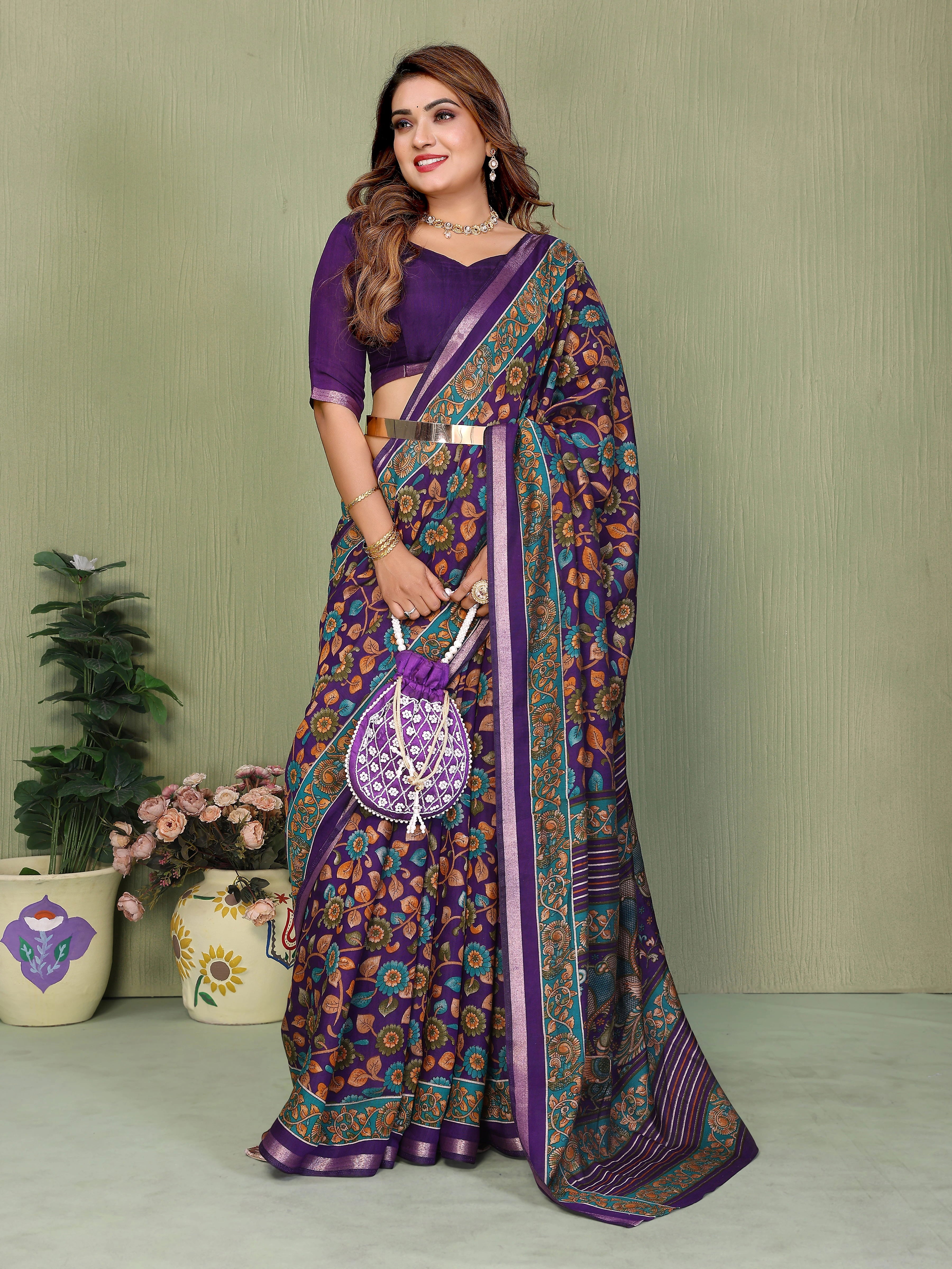 Purple Kalamkari Print Mul Cotton Saree